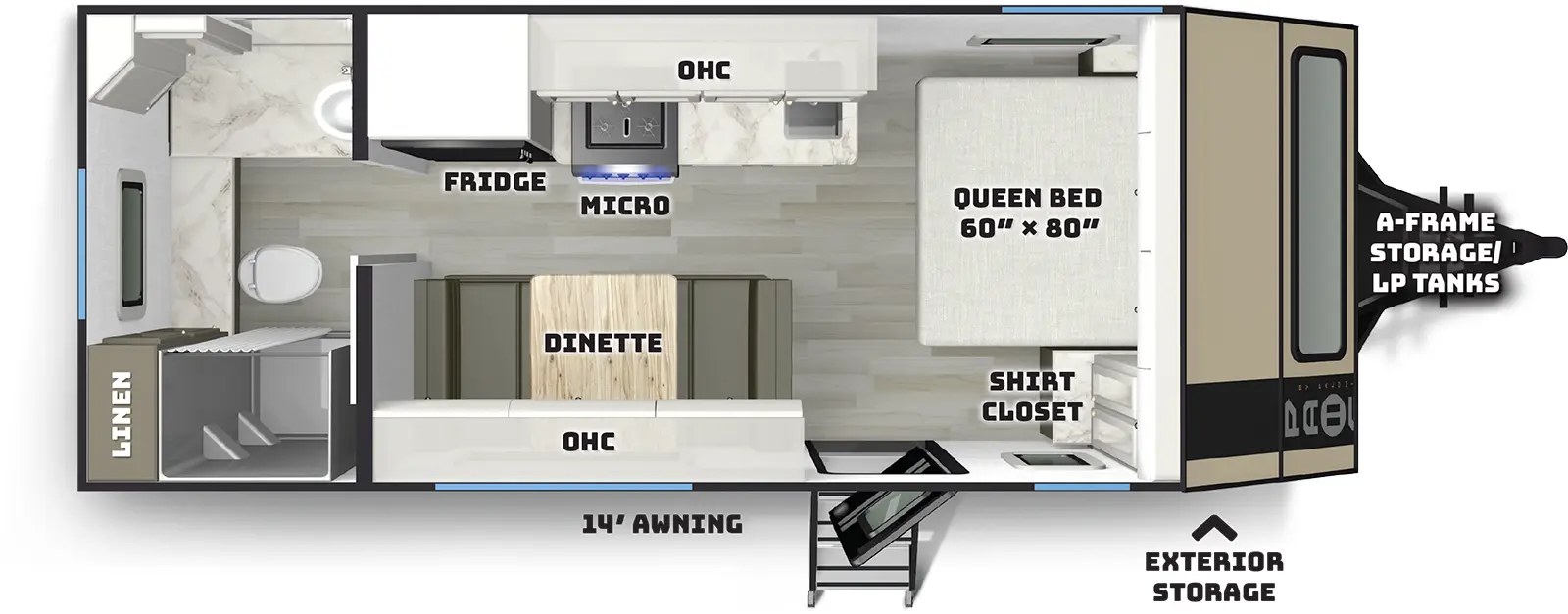 The 19.4 has zero slideouts and one entry. Exterior features a-frame storage, LP tanks, exterior storage, and 14 foot awning. Interior layout front to back: foot-facing queen bed with door side shirt closet; off-door side kitchen counter with sink cooktop, overhead cabinet, microwave, and refrigerator; door side entry, dinette and overhead cabinet; rear full bathroom with linen closet.